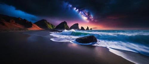 dark beach,long exposure,long exposure light,bioluminescent,bioluminescence,senja,torngat,alien world,light trail,nothern lights,rock arch,natural phenomenon,tidal wave,wave of fog,rainbow waves,the twelve apostles,alien planet,crashing waves,auroras,intense colours