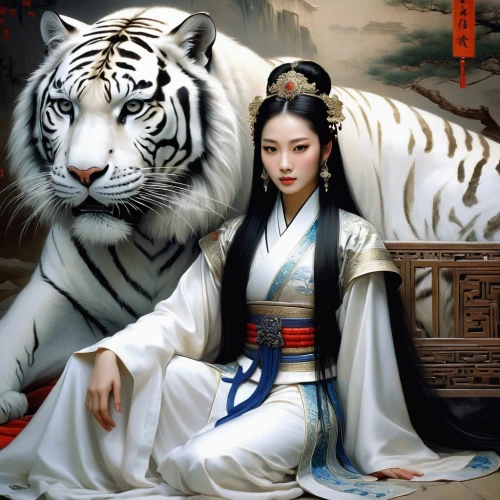 white tiger,asian tiger,oriental painting,oriental princess,japanese art,miao,oriental girl,oriental,hanfu,arhats,amaterasu,royal tiger,wenhao,daiyu,tigress,wuxia,goryeo,concubine,wild emperor,wenzhao,Illustration,Realistic Fantasy,Realistic Fantasy 16