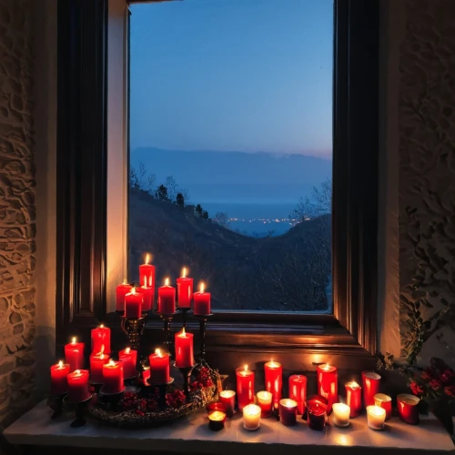 candlelit,candlelights,candlelight,romantic night,windowsill,candle light,window sill,advent decoration,advent arrangement,winter window,advent,window with sea view,tea lights,first advent,glass of advent,advent candles,advent candle,third advent,burning candles,candlemas,Conceptual Art,Fantasy,Fantasy 32