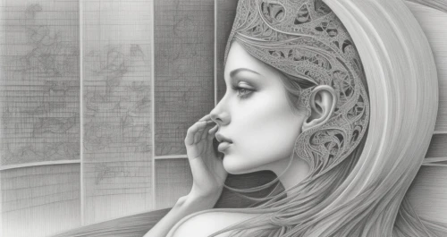 woman thinking,pencil drawings,noblewoman,veiling,white lady,graphite,coreldraw,guinevere,book illustration,iconographer,mystical portrait of a girl,girl drawing,noblewomen,art deco woman,melusine,headdress,the angel with the veronica veil,the prophet mary,veiled,sci fiction illustration,Illustration,Black and White,Black and White 30