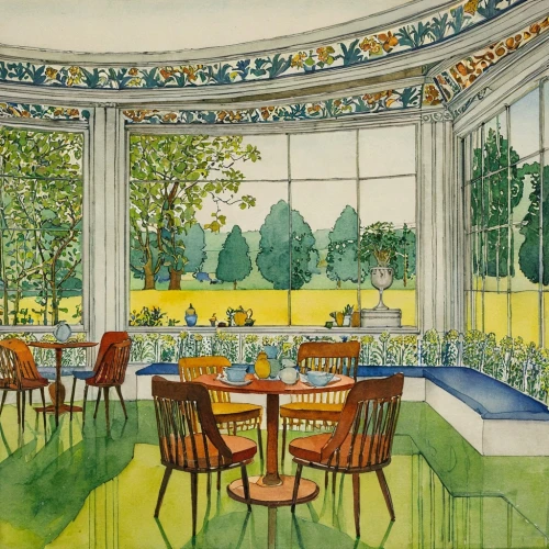 breakfast room,dining room,orangerie,watercolor cafe,conservatory,mid century modern,orangery,tearoom,dinerstein,ristorante,mid century,veranda,midcentury,bistro,cafeterias,banquette,terrace,watercolor tea shop,floridita,cafeteria,Illustration,Retro,Retro 23