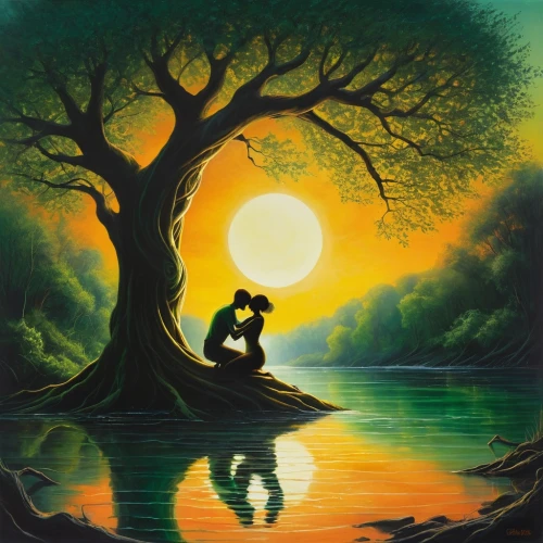 romantic scene,adam and eve,loving couple sunrise,chipko,nature love,vintage couple silhouette,idyll,sun and moon,tree of life,couple silhouette,fantasy picture,celtic tree,oil painting on canvas,garden of eden,romancing,tree heart,the luv path,lovesong,silhouette art,art painting,Conceptual Art,Daily,Daily 32