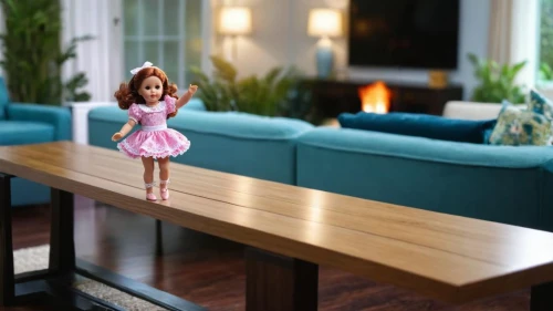 little girl in pink dress,lundby,giaimo,little girl twirling,dollhouses,doll house,dolls houses,doll kitchen,dining room table,coffee table,dining table,banquette,doll figure,miniature figures,miniature figure,girl in a long,wooden table,tabletop photography,coffeetable,doll figures