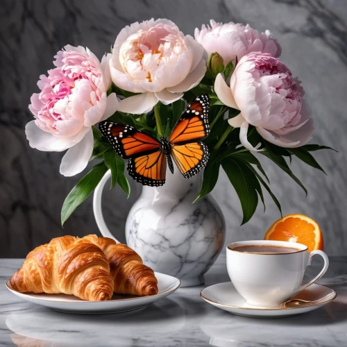 teacup arrangement,butterfly floral,floral with cappuccino,tea flowers,orange butterfly,tulip background,coffee tea illustration,pastries,butterfly background,still life of spring,coffee background,fragrance teapot,orange tulips,still life photography,french butterfly,café au lait,sweet pastries,cup and saucer,butterfly isolated,still life,Photography,General,Realistic