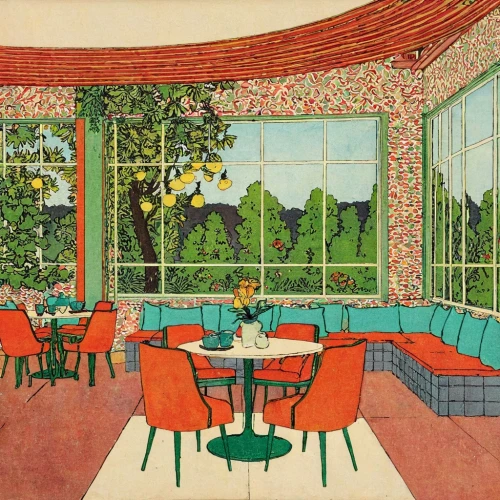 dining room,breakfast room,hockney,tearoom,gournay,crittall,bawden,floridita,orangerie,mid century,terrasse,bluemner,teahouse,drive in restaurant,watercolor cafe,conservatory,paris cafe,the coffee shop,mid century modern,dinette,Illustration,Retro,Retro 11