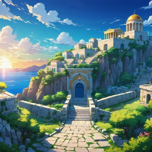 meteora,ancient city,machico,maplestory,cliffside,artemis temple,landscape background,alfheim,acropolis,background with stones,background design,cliffsides,castle ruins,the ancient world,cyclades,miramare,cartoon video game background,castlelike,celsus,oratoria,Illustration,Japanese style,Japanese Style 03