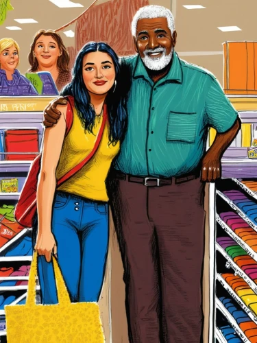 shopkeepers,supermercado,supermercados,superstores,superstore,mercados,shopping icon,supermarket shelf,shopping icons,shopkeeper,elderly couple,navaratnam,storeowners,storekeepers,grandparents,grocers,mother and grandparents,woman shopping,multiracialism,black couple,Illustration,American Style,American Style 13