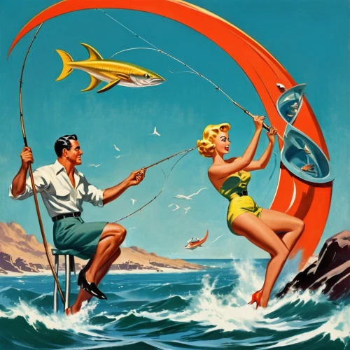 radebaugh,retro 1950's clip art,vintage illustration,kite surfing,surfaris,kitesurfing,wind surfing,surfwear,channelsurfer,anglers,windsurfing,pescador,aquaman,kitesurfer,mermen,pescadores,beachcombers,surfers,swordfishing,people fishing,Illustration,Retro,Retro 12