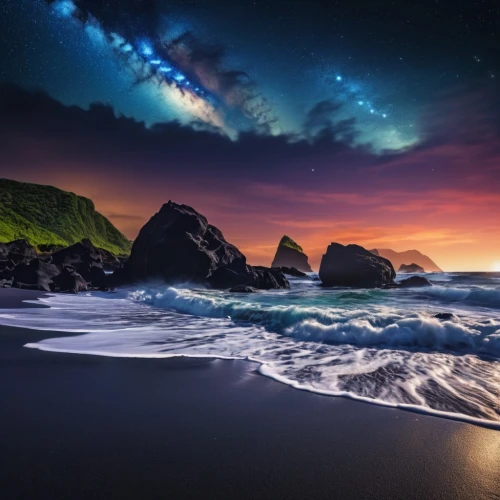 milky way,the milky way,colorful stars,airglow,starry night,dark beach,astronomy,night sky,black sand,seascape,black beach,the night sky,starry sky,nightscape,nightsky,alien planet,starscape,pacific coastline,alien world,colorful star scatters,Photography,General,Realistic