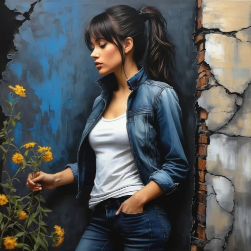 girl portrait,girl in flowers,oil painting on canvas,oil painting,donsky,young woman,photo painting,girl in the garden,art painting,ronstadt,portrait of a girl,relaxed young girl,girl in a long,romantic portrait,girl sitting,denim background,pintura,pittura,jasinski,portrait background,Conceptual Art,Fantasy,Fantasy 03