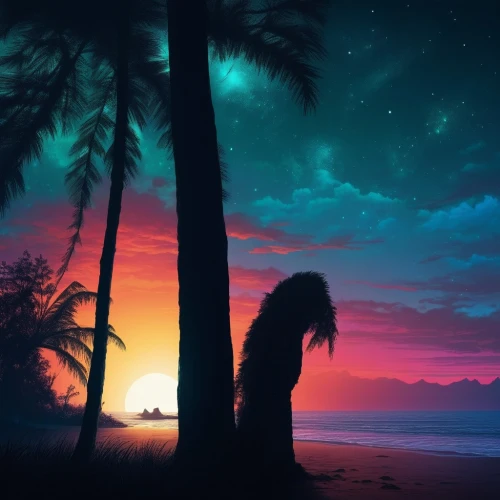 palm tree silhouette,dusk background,fantasy picture,landscape background,full hd wallpaper,unicorn background,beautiful wallpaper,colorful background,dream beach,tropics,background colorful,hd wallpaper,creative background,dark beach,nature background,hawaii,tropical sea,dreamscape,nightfall,night sky,Illustration,Realistic Fantasy,Realistic Fantasy 25