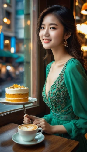 woman at cafe,barista,woman drinking coffee,tea service,vietnamese woman,raya,diwali sweets,peranakan,coffee and cake,mandarin cake,peranakans,vietnamese,bangladeshi,coffee background,high tea,kartini,dessert,kebaya,thai dessert,bidadari,Photography,General,Realistic