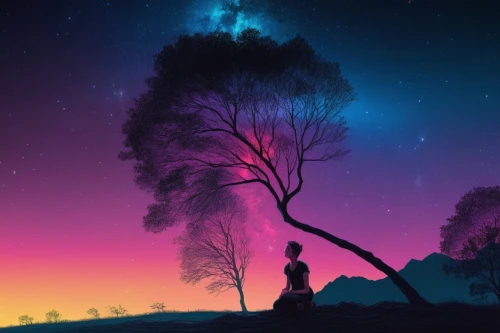 isolated tree,beautiful wallpaper,colorful background,tree silhouette,lone tree,magic tree,night sky,purple landscape,background colorful,unicorn background,creative background,nightsky,silhouette art,dusk background,landscape background,fantasy picture,free background,the night sky,purple wallpaper,colorful tree of life,Illustration,Realistic Fantasy,Realistic Fantasy 25