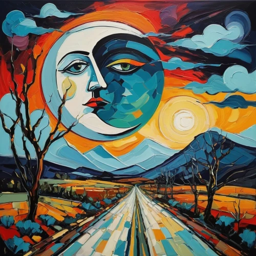 sun and moon,hanging moon,blue moon,vincent van gough,dream art,sun moon,moonshadow,mousseau,moonlighted,dreamtime,bohemian art,moon valley,blue moon rose,art painting,spring equinox,phase of the moon,oil painting on canvas,moondance,full moon day,viveros,Conceptual Art,Oil color,Oil Color 08