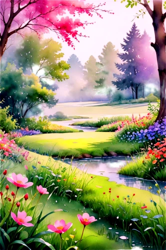 watercolor background,springtime background,landscape background,spring background,meadow in pastel,nature background,flower painting,meadow landscape,cartoon video game background,watercolor,watercolor painting,nature landscape,watercolor floral background,forest landscape,blooming field,watercolour paint,fantasy landscape,landscape nature,japanese sakura background,forest background,Illustration,Paper based,Paper Based 25