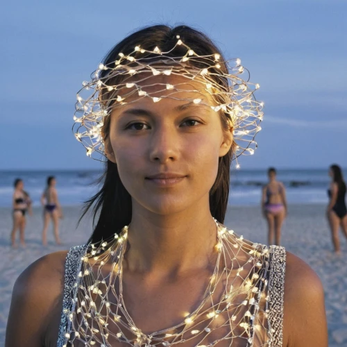 light mask,luminous garland,marshallese,adornment,tiaras,christmas on beach,fairy lights,headdress,vietnamese woman,circlet,summer crown,micronesians,indian headdress,asian woman,headpiece,kupala,garland of lights,abramovic,headress,portable light,Photography,Documentary Photography,Documentary Photography 31