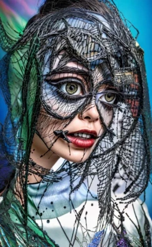 photo art,overlaid,comic halftone woman,bodypainting,pop art woman,dollmaker,cobwebbed,spider net,distorting,garmab,distorted,veiling,superimposing,webbed,mesh and frame,photo painting,image editing,pop art effect,superimpose,masquerading