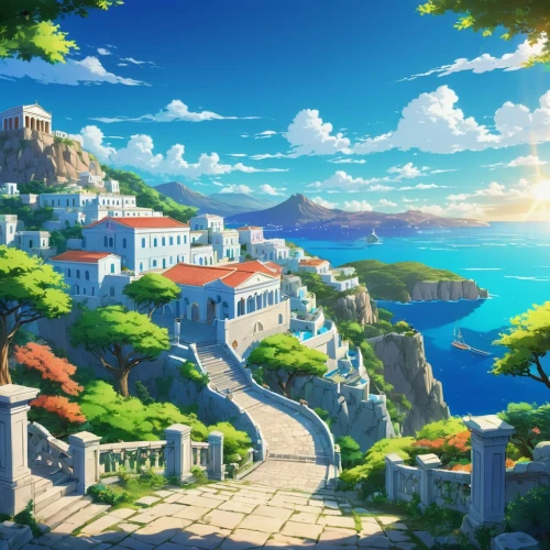 machico,miramare,landscape background,meteora,cliffside,butka,cyclades,paradis,seaside resort,niijima,senkaku,summer background,alfheim,seaside country,valentia,ancient city,ocean view,beach scenery,maplestory,scenery,Illustration,Japanese style,Japanese Style 03