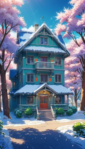 winter house,dreamhouse,sakura background,snow roof,winter background,snow scene,japanese sakura background,snow house,beautiful home,apartment house,setsuna,little house,lonely house,house painting,christmas wallpaper,winter village,ghibli,studio ghibli,teahouse,house,Illustration,Japanese style,Japanese Style 03