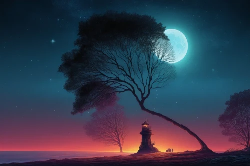 lone tree,isolated tree,fantasy picture,lonetree,moonlit night,silhouette art,magic tree,solitude,the girl next to the tree,dreamscapes,girl with tree,melancholia,dreamscape,loneliness,fantasy landscape,moonrise,landscape background,world digital painting,evening atmosphere,photomanipulation,Illustration,Realistic Fantasy,Realistic Fantasy 25