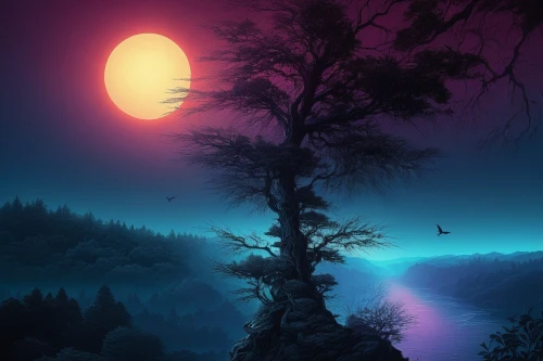 moonlit night,purple moon,purple landscape,hanging moon,moonrise,fantasy landscape,moon and star background,moonlit,fantasy picture,moonsorrow,lunar landscape,moonglow,moonlight,landscape background,twilight,purple wallpaper,nightfall,isolated tree,beautiful wallpaper,nature background,Illustration,Realistic Fantasy,Realistic Fantasy 25