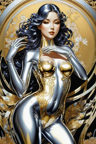 promethea,lilandra,silver surfer,gold paint stroke,baroness,selina,tretchikoff,witchblade,viveros,gold foil art,gold foil mermaid,gold lacquer,zauriel,goldust,ororo,cassaday,metallic,blackfire,guerlain,fantasy woman,Illustration,Retro,Retro 13