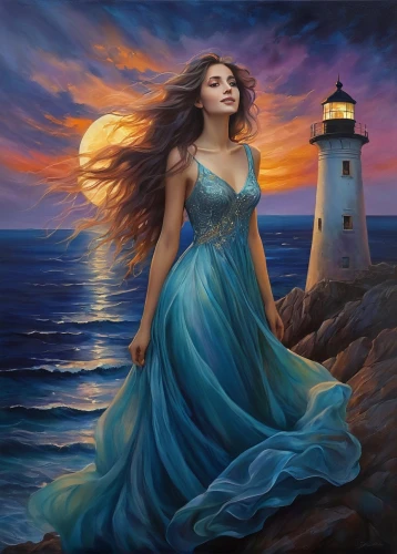 fantasy picture,lighthouse,amphitrite,world digital painting,the wind from the sea,the sea maid,girl in a long dress,fantasy art,fathom,fantasy portrait,celtic woman,sirena,ariadne,romantic portrait,girl with a dolphin,mermaid background,sea landscape,laoghaire,siren,mystical portrait of a girl,Illustration,Realistic Fantasy,Realistic Fantasy 30