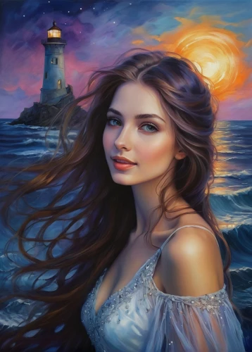 fantasy picture,romantic portrait,the sea maid,fantasy portrait,fantasy art,ariadne,amphitrite,blue moon rose,world digital painting,lighthouse,mermaid background,sea night,mystical portrait of a girl,atlantica,girl on the boat,romantic look,behenna,fathom,at sea,girl with a dolphin,Illustration,Realistic Fantasy,Realistic Fantasy 30