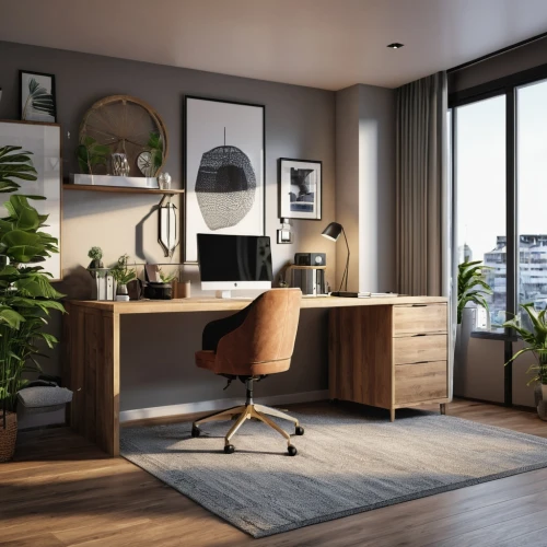 wooden desk,modern room,modern office,writing desk,office desk,furnished office,danish room,office chair,modern decor,desk,ekornes,smartsuite,blur office background,interior modern design,appartement,3d rendering,danish furniture,contemporary decor,apartment,interior design,Photography,General,Realistic