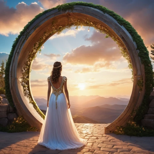 semi circle arch,round arch,girl in a wreath,rose arch,golden wreath,wedding frame,celtic woman,portals,heaven gate,elopement,stargates,sun bride,iron ring,door wreath,circle shape frame,fantasy picture,round window,rose wreath,life is a circle,natural arch,Photography,General,Realistic