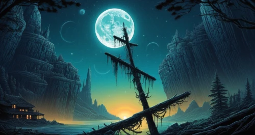 halloween background,fantasy picture,hanging moon,blackmoor,moonsorrow,halloween poster,halloween wallpaper,luin,castlevania,carcosa,ghost ship,fantasy landscape,fantasy art,pirate ship,blue moon,moonlit night,witch's house,oxenhorn,lucasarts,disenchantment,Illustration,Realistic Fantasy,Realistic Fantasy 25