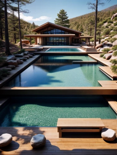 outdoor pool,infinity swimming pool,amanresorts,pool house,pools,dug-out pool,wooden decking,swimming pool,log home,luxury property,alpine style,the cabin in the mountains,landscaped,zen garden,summer house,chalet,roof top pool,house in the mountains,bohlin,reflecting pool