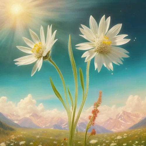 flower background,sun daisies,wood daisy background,flower painting,daisies,daisy flowers,mountain flowers,mountain flower,flowers png,white daisies,zephyranthes,dandelion background,star of bethlehem,white cosmos,spring background,flowers celestial,garden star of bethlehem,daisy flower,meadow daisy,edelweiss,Illustration,Realistic Fantasy,Realistic Fantasy 37