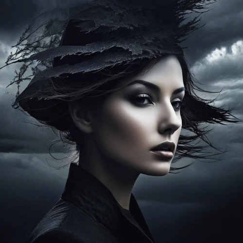 gothic woman,dark angel,gothic portrait,wuthering,darkling,mystical portrait of a girl,black hat,isoline,hecate,the hat of the woman,frison,bewitching,dark gothic mood,jingna,dark portrait,hekate,unseelie,persephone,bewitch,witchfinder,Photography,Black and white photography,Black and White Photography 07