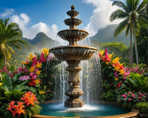decorative fountains,spa water fountain,fountain of friendship of peoples,water fountain,fountain,stone fountain,tropical floral background,hawaii,lafountain,tropical flowers,hawai,tropical bloom,water feature,village fountain,city fountain,tropical island,kauai,fountains,tropicale,fountain pond,Photography,General,Natural