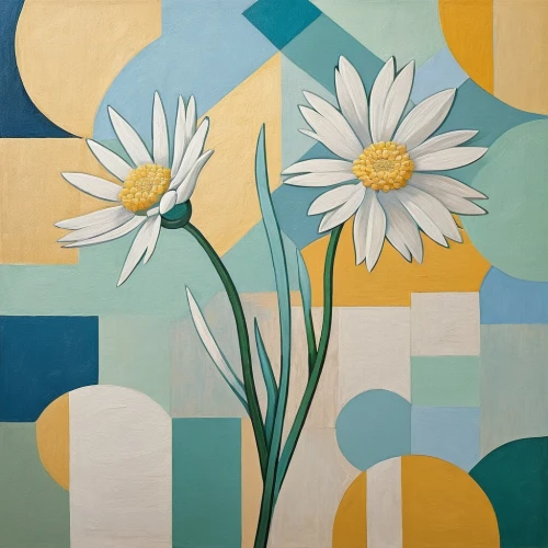 flower painting,blue daisies,marguerite daisy,retro modern flowers,ceramic tile,floral composition,margueritte,fromental,marguerite,abstract flowers,minimalist flowers,flower wall en,cloves schwindl inge,oilcloth,white daisies,african daisies,chrysanthemum background,blue chrysanthemum,wallpapering,tulip white,Art,Artistic Painting,Artistic Painting 45