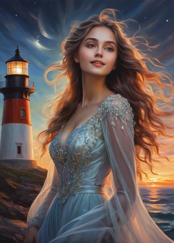 celtic woman,fantasy picture,lightkeeper,fantasy art,romantic portrait,the sea maid,lighthouse,fantasy portrait,amphitrite,the wind from the sea,margairaz,ariadne,lyonesse,fathom,mystical portrait of a girl,margaery,world digital painting,galadriel,enchantment,laoghaire,Illustration,Paper based,Paper Based 11