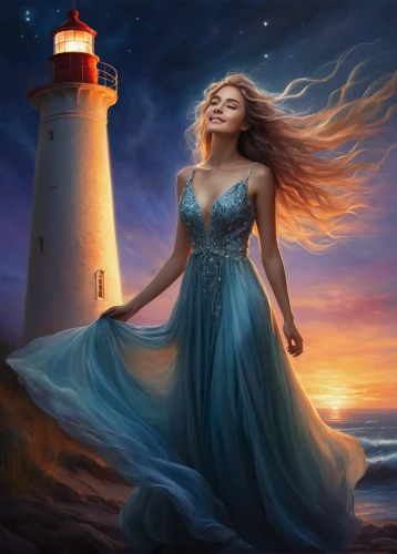 celtic woman,fantasy picture,lighthouse,guiding light,amphitrite,the wind from the sea,phare,nightdress,light house,light of night,fantasy art,fathom,atlantica,little girl in wind,sea night,lighthouses,romantic portrait,enchantment,world digital painting,dreamscapes,Conceptual Art,Daily,Daily 32