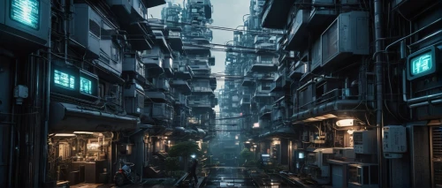 kowloon city,microdistrict,kowloon,cybercity,shanghai,cybertown,alleyway,shinjuku,kaidan,scifi,dystopian,cyberpunk,sci - fi,alley,bladerunner,cyberia,narayama,harbour city,tokyo city,futuristic landscape,Conceptual Art,Sci-Fi,Sci-Fi 09