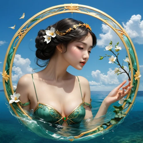 amphitrite,water nymph,the sea maid,water lotus,mermaid background,naiad,fairie,fantasy picture,hesperides,sirena,mirror water,nereids,sirene,qixi,underwater background,siren,faerie,dream catcher,oriental princess,mirror in the meadow,Illustration,Retro,Retro 08