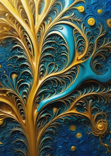 abstract gold embossed,gold paint strokes,gold paint stroke,gold leaf,gold filigree,fractals art,gold foil art,fractal art,glass painting,gilding,whirlpool pattern,gold lacquer,dark blue and gold,polychromed,filigree,motifs of blue stars,gold flower,fractal,marquetry,gold leaves