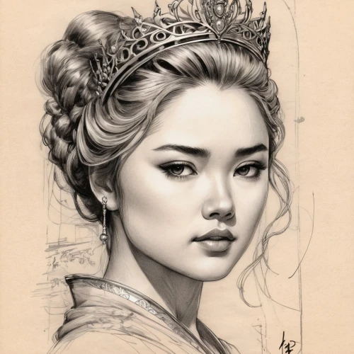 pencil drawings,charcoal pencil,oriental princess,pencil drawing,vintage drawing,graphite,kommuna,pencil art,charcoal drawing,lotus art drawing,margaery,noblewoman,girl portrait,wenhao,fantasy portrait,mulan,margairaz,jianying,princess crown,oriental girl,Illustration,Paper based,Paper Based 30