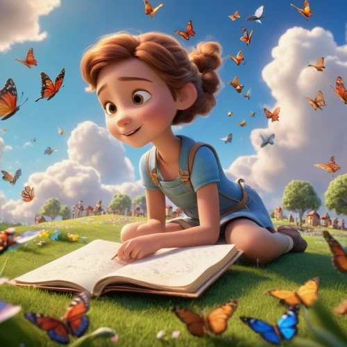 little girl reading,storybook character,cute cartoon image,agnes,storybook,cute cartoon character,llibre,liesel,child's diary,butterfly background,kids illustration,dorthy,girl studying,arrietty,storybooks,despereaux,notebook,children's background,julia butterfly,butterfly day,Photography,General,Cinematic