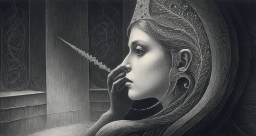 wieslaw,fornasetti,klarwein,mezzotint,behenna,charcoal drawing,pencil drawings,dark art,mirror of souls,pencil art,gothic portrait,mystical portrait of a girl,phleger,mezzotints,woman thinking,clytemnestra,isolde,celtic harp,surrealism,art deco woman,Illustration,Black and White,Black and White 23