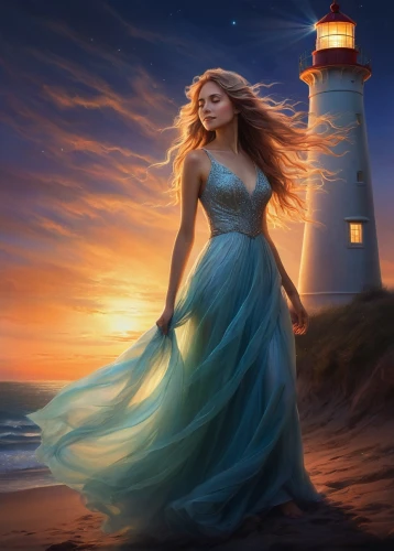 celtic woman,fantasy picture,amphitrite,fantasy art,mermaid background,fathom,world digital painting,the sea maid,atlantica,margaery,girl in a long dress,nightdress,lighthouse,riverdance,the wind from the sea,phare,romantic portrait,ariadne,guiding light,light house,Conceptual Art,Daily,Daily 32