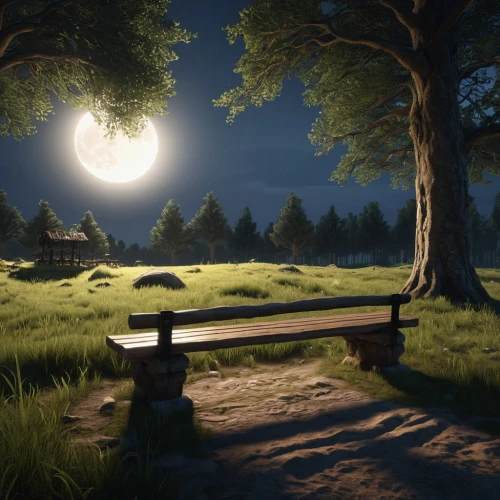 wooden bench,cryengine,enb,bench,sansar,benches,unturned,riverwood,dusk,the park at night,night scene,wooden path,idyllic,dusk background,summer evening,idyll,3d render,park bench,moonlit night,evening atmosphere,Photography,General,Realistic