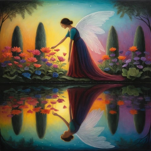 fairy peacock,fantasia,ulysses butterfly,fantasy picture,thumbelina,faerie,dubbeldam,oil painting on canvas,flamenca,flower painting,faery,fantasy art,mirror in the meadow,fairy tale,fairyland,fairie,girl in the garden,flower fairy,rosa 'the fairy,aurora butterfly,Art,Artistic Painting,Artistic Painting 49