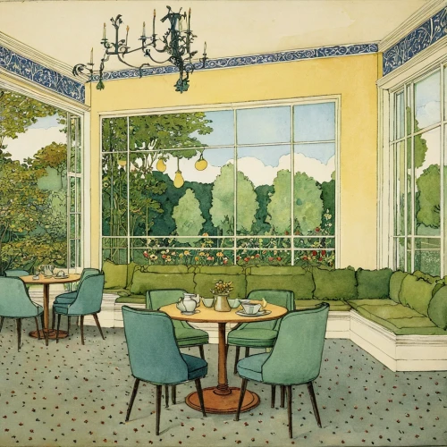 dining room,breakfast room,tearoom,orangerie,banquette,watercolor cafe,restaurante,orangery,dining table,terrasse,terrace,conservatory,parlour,parlor,bistro,cafeteria,ristorante,dining,ritzau,tearooms,Illustration,Retro,Retro 23