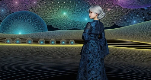 queen of the night,art deco background,art deco woman,lady of the night,eveningwear,abaya,veil,blue enchantress,fantasy picture,blue peacock,fairy peacock,3d background,derivable,tahiliani,fantasia,blue spheres,peacock,kebaya,luminous,fractal environment,Illustration,Japanese style,Japanese Style 18