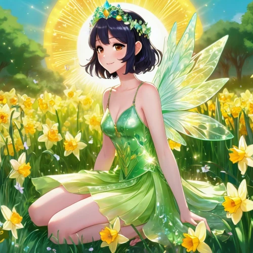 spring background,daffodils,flower fairy,spring leaf background,springtime background,garden fairy,easter lilies,flower background,daffodil,easter background,daffyd,fairy,yellow daffodils,anjo,himawari,ranka,grass lily,ostara,lilly of the valley,daffodil field,Illustration,Japanese style,Japanese Style 03